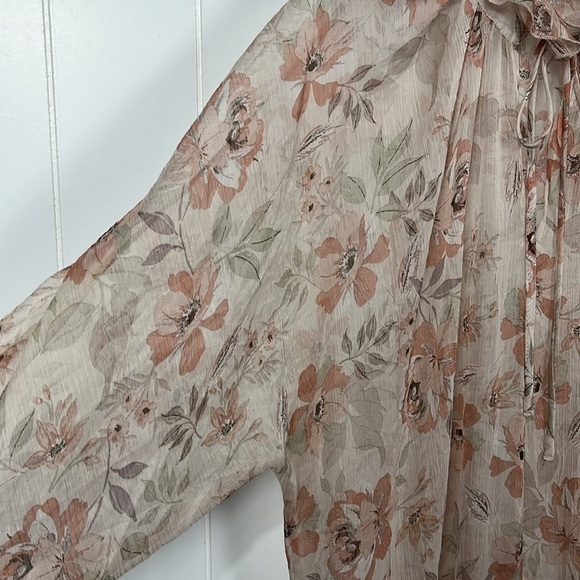 Vici Womens Midi Dress S Cream Pink Pullover Drop Waist Ruffle Cuff Floral Boho - Picture 5 of 15